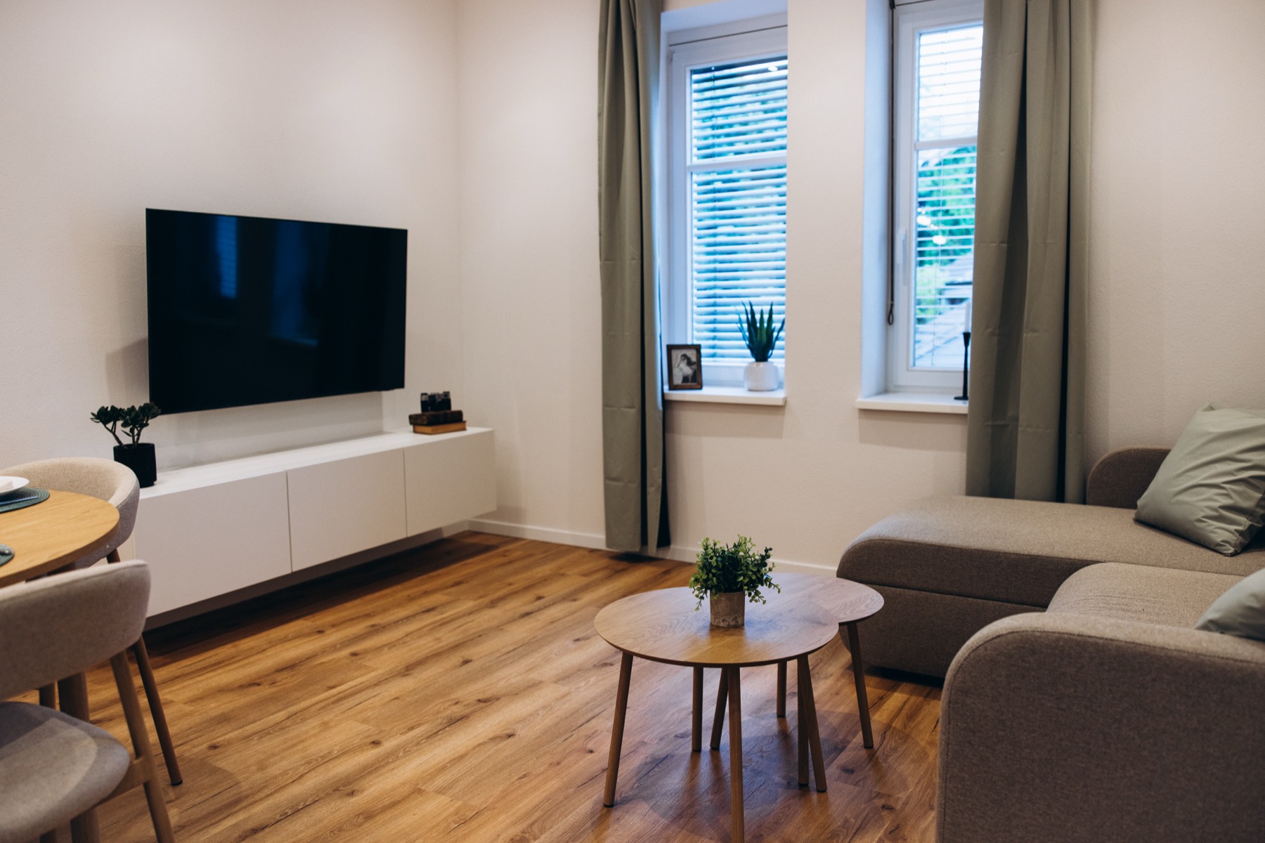 Wohnzimmer der Ferienwohnung mit Schlafsofa und Smart-TV